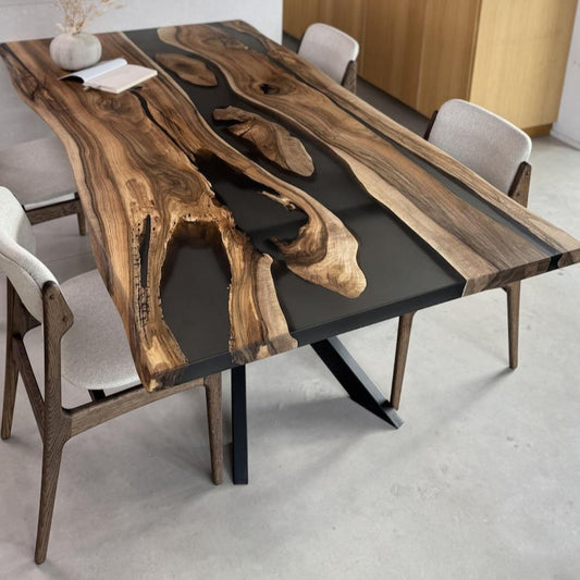 Epoxy Dining Room Table – Live Edge Wood with Optional Bench