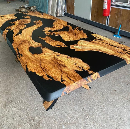 Diamond Edge Matte Black Epoxy Dining Table Walnut Wood Statement Table