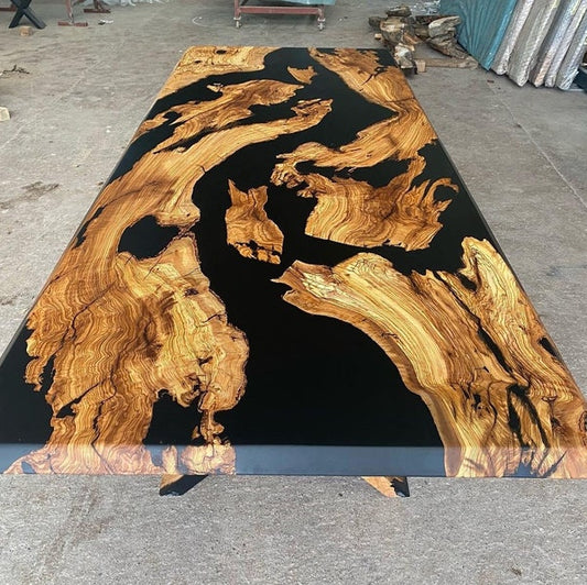 Diamond Edge Matte Black Epoxy Dining Table Walnut Wood Statement Table