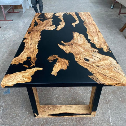 Olive Wood Epoxy Table – Matte Black Resin River Dining Table