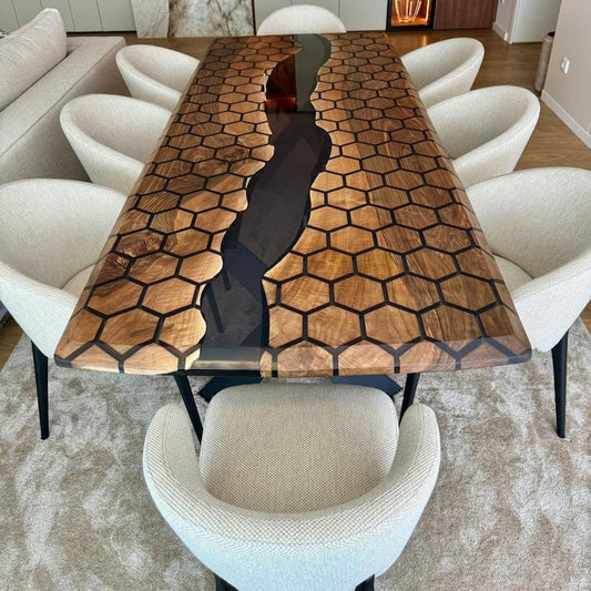 Hexagon Resin Dining Table Black Epoxy and Walnut Wood Design