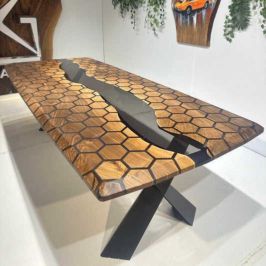 Hexagon Resin Dining Table Black Epoxy and Walnut Wood Design