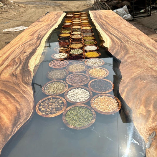 Spices & Dry Fruit Epoxy Table Artistic Resin Dining or Accent Table
