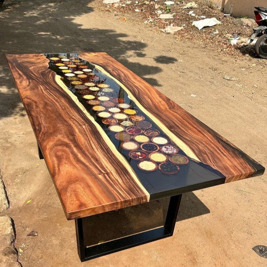 Spices & Dry Fruit Epoxy Table Artistic Resin Dining or Accent Table