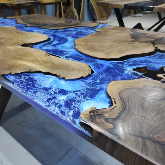 Ocean Inspired Live Edge Epoxy Table Sea Blue Resin Dining Table