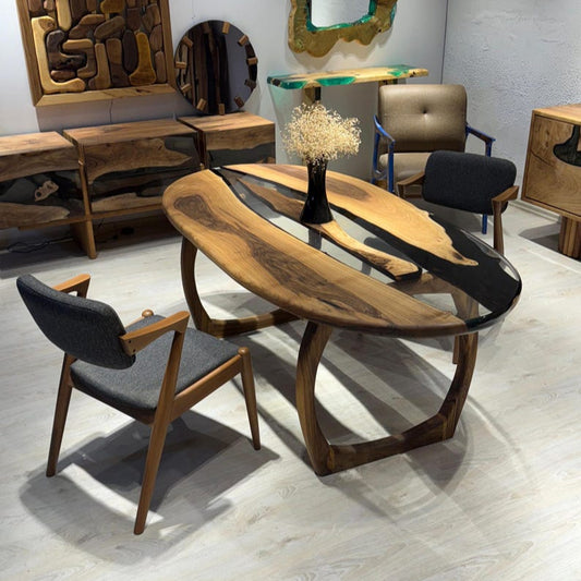 Ellipse Walnut Wood Epoxy Dining Table Live Edge Design