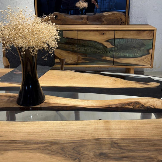 Ellipse Walnut Wood Epoxy Dining Table Live Edge Design