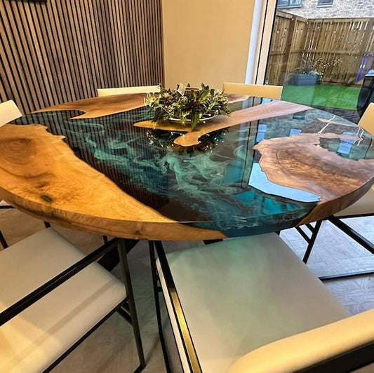 Walnut Round Epoxy Table – Live Edge Resin Dining or Coffee Table