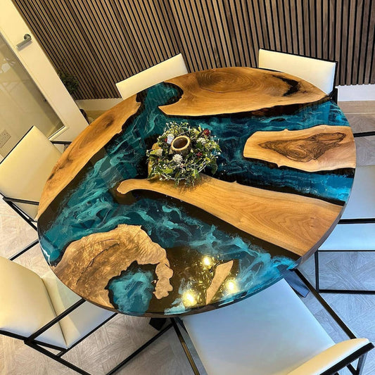 Walnut Round Epoxy Table – Live Edge Resin Dining or Coffee Table