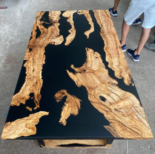 Olive Wood Dining Table – Matte Black Epoxy Resin River Table