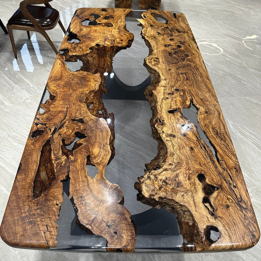 Edge Olive Wood Dining Table Clear or Colored Epoxy River Multiple Size